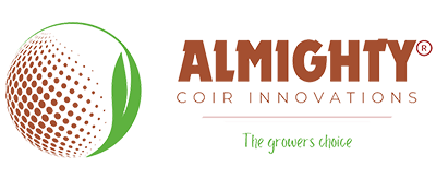 Logo featuring a textured sphere on the left in green and brown, alongside stylized text that reads Almighty Coir Innovations in brown. Below, it says The Seniors Choice in green.